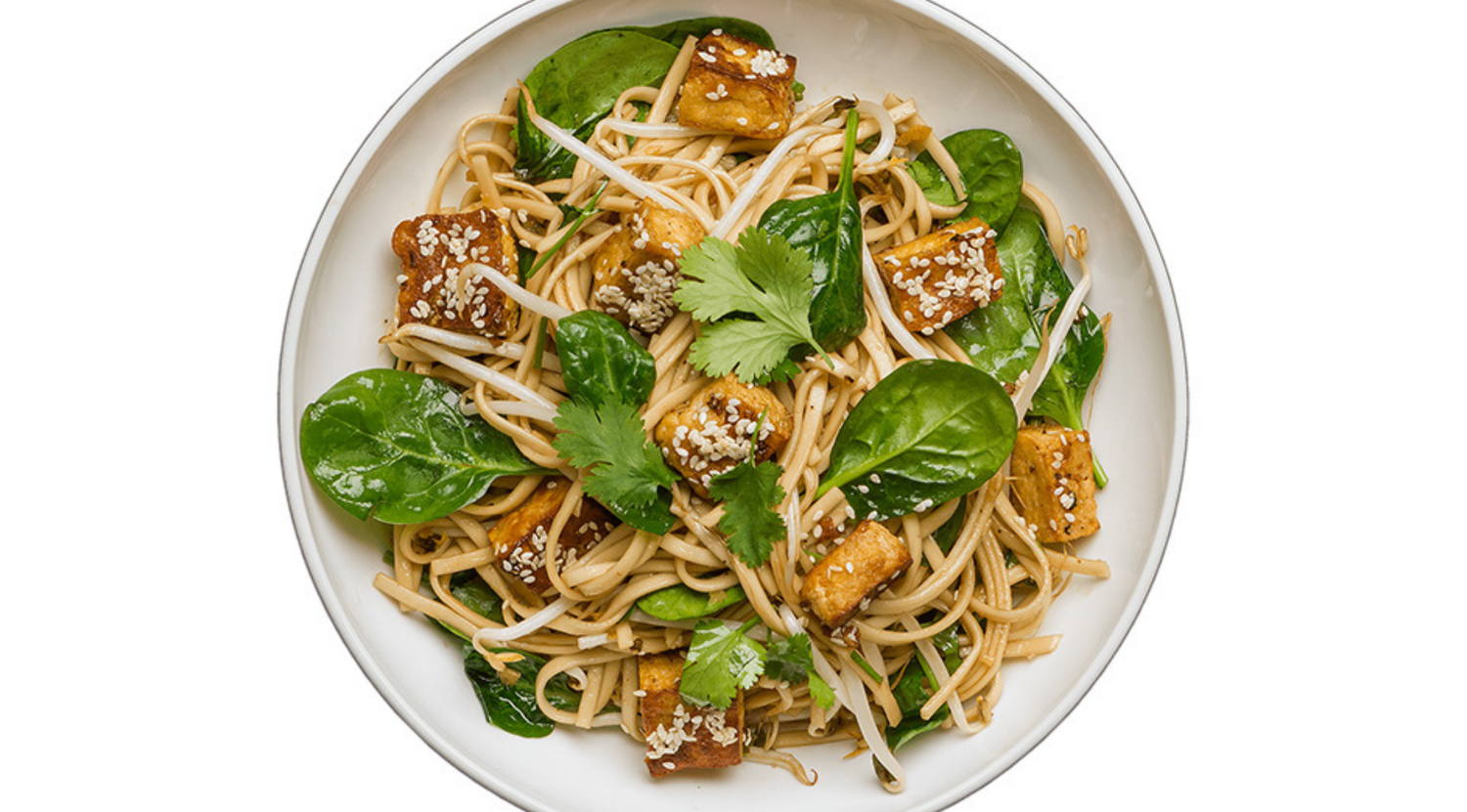 Healthy Stir-Fry with Udon Noodles, Leaf Spinach, and Crispy Sesame Tofu
