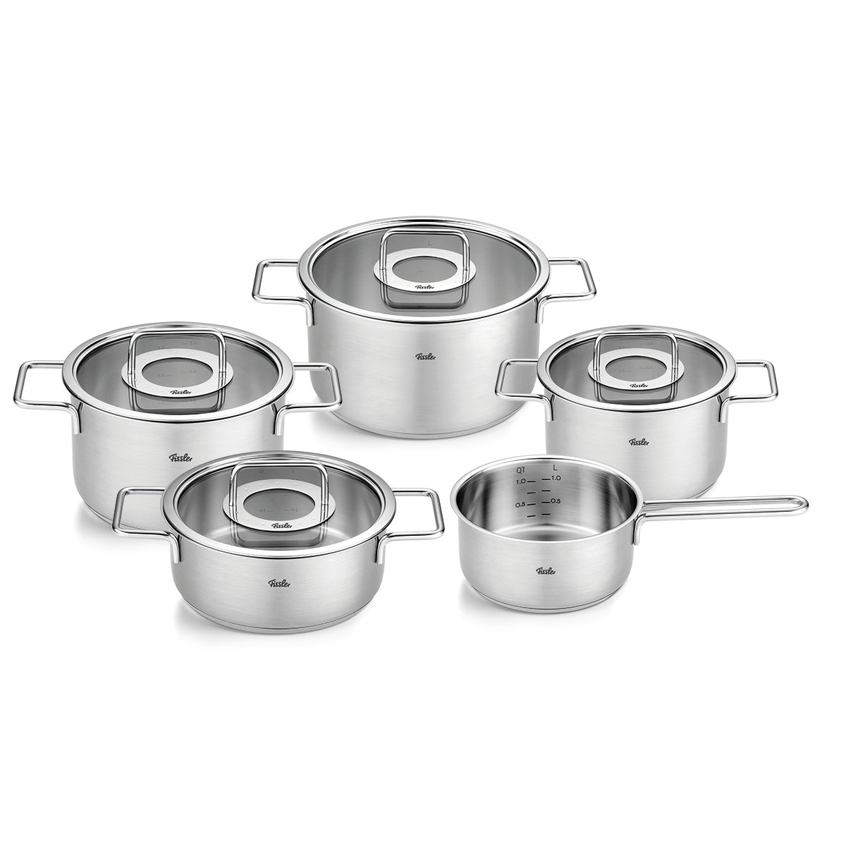 Pure Collection Stainless Steel 9-piece set with glass lids | Fissler