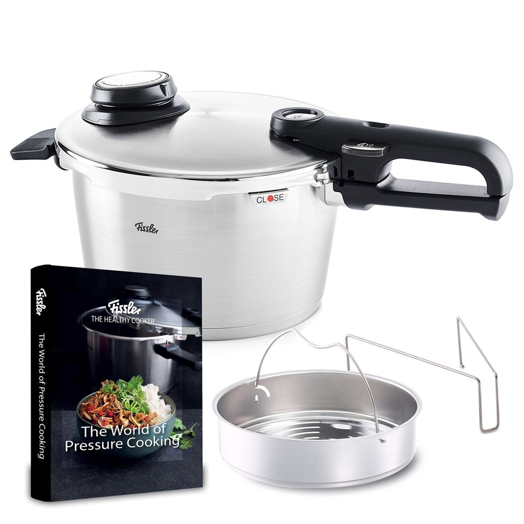 Vitavit Premium 8.5 Quart Pressure Cooker Bundle, Perforated Steamer Insert with Tripod, Unperforated Insert, The World of Pressure Cooking Hardcover Cookbook