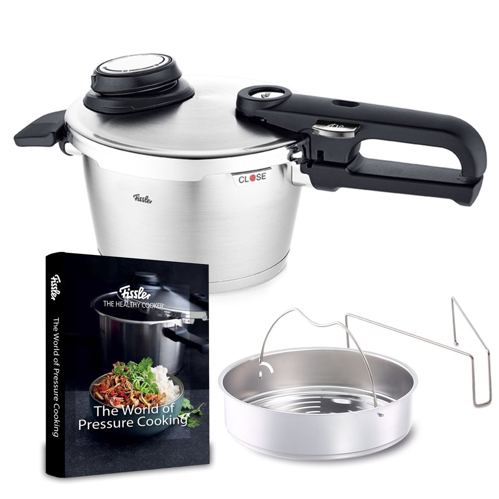 Vitavit Premium Pressure Cooker Bundle, Perforated Steamer Insert with Tripod, Unperforated Insert, The World of Pressure Cooking Hardcover Cookbook