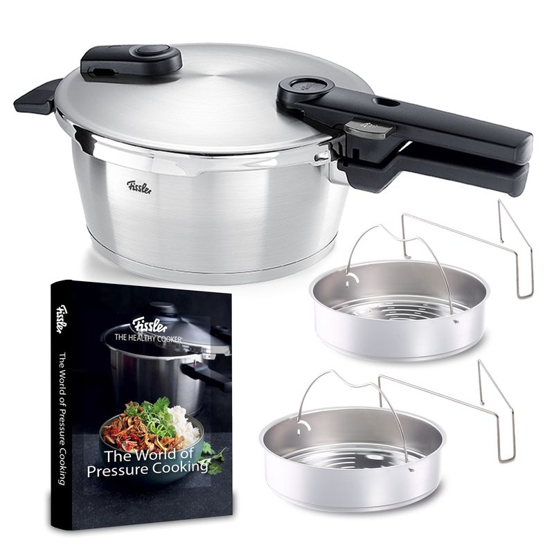 Fissler Vitaquick Premium 3.7 Quart Pressure Cooker Bundle, Perforated Steamer Insert with Tripod, Unperforated Insert, The World of Pressure Cooking Hardcover Cookbook