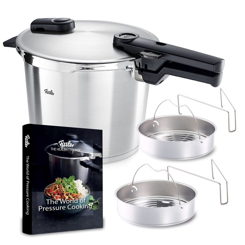 Fissler Vitaquick Premium 6.3 Quart Pressure Cooker Bundle, Perforated Steamer Insert with Tripod, Unperforated Insert, The World of Pressure Cooking Hardcover Cookbook