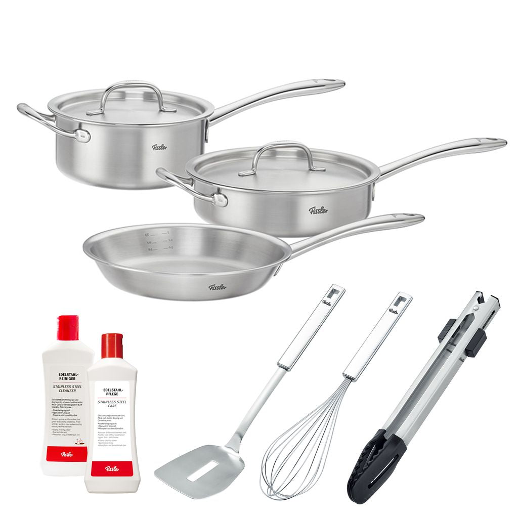 M5 Pro-Ply Collection 5 Piece Stainless Steel Cookware Set Bundle, Plus Stainless Steel Care, Silicone Tongs, Metal Turner and Whisk