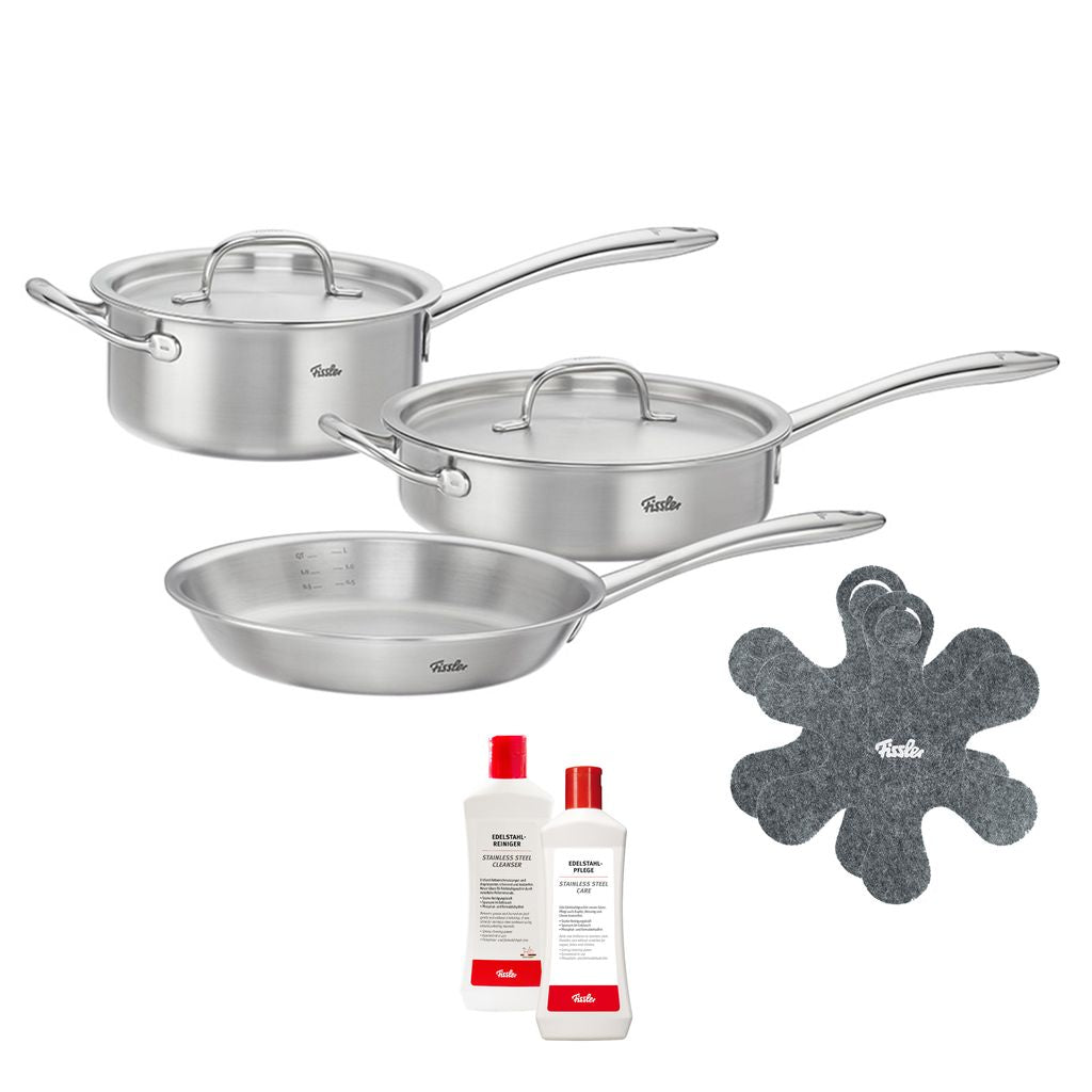 Fissler M5 Pro-Ply Collection 7 Piece Stainless Steel Cookware Set Bundle, Includes Stainless Steel Care, Stainless Steel Cleaner and 2 Pan Protectors