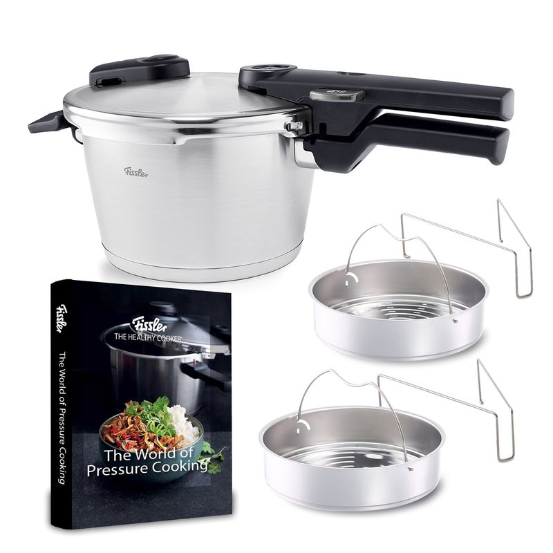 Fissler Vitaquick Premium 2.6 Quart Pressure Cooker Bundle, Perforated Steamer Insert with Tripod, Unperforated Insert, The World of Pressure Cooking Hardcover Cookbook