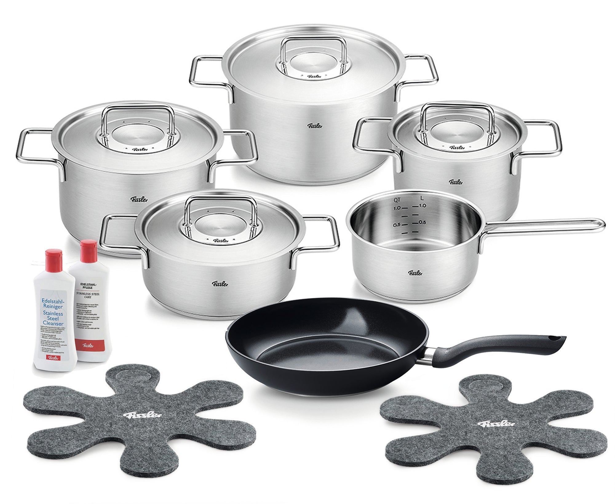 Pure Collection 9 Piece Stainless Steel Cookware Set with Metal Lids & Essential 11" Ceramic Frying Pan Bundle, Stainless Steel Care, Stainless Steel Cleaner and 2 Pan Protectors