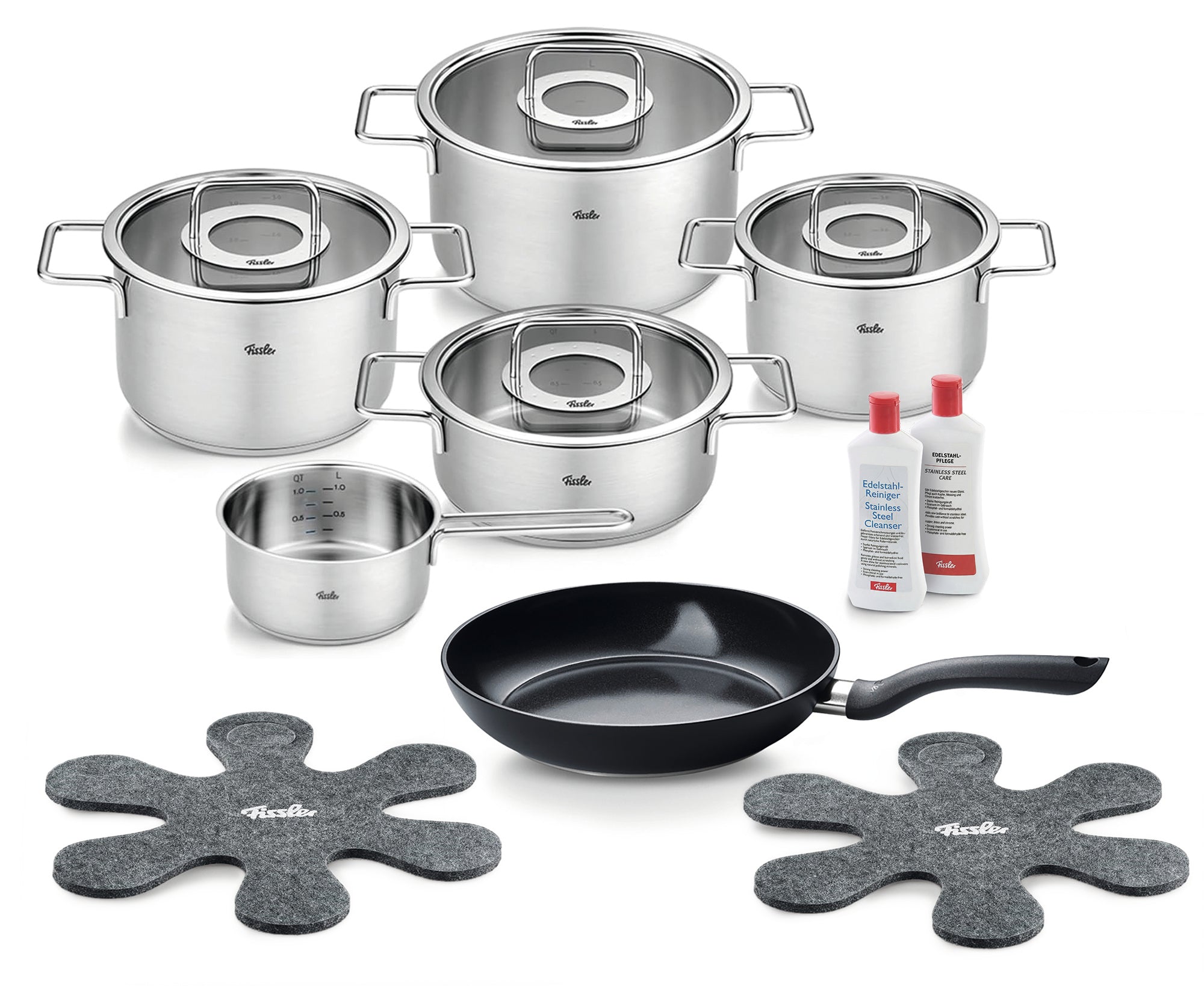 Pure Collection 9 Piece Stainless Steel Cookware Set with Glass Lids & Essential 11" Ceramic Frying Pan Bundle, Stainless Steel Care, Stainless Steel Cleaner and 2 Pan Protectors
