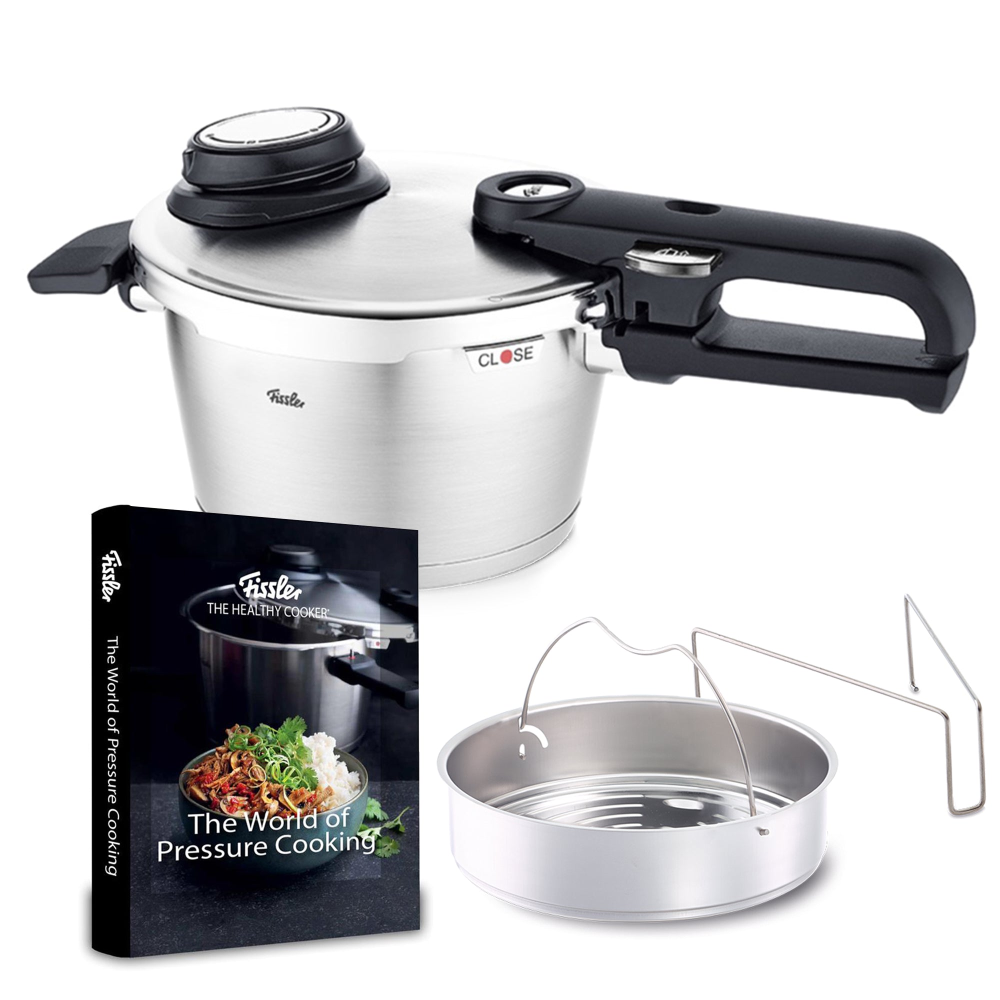 Fissler Vitavit Premium Pressure Cooker Bundle, Perforated Steamer Insert with Tripod, Unperforated Insert, The World of Pressure Cooking Hardcover Cookbook