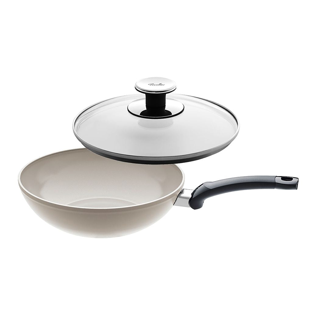 Ceratal® Comfort Ceramic 11" Wok, Warm Grey & Glass Lid Bundle
