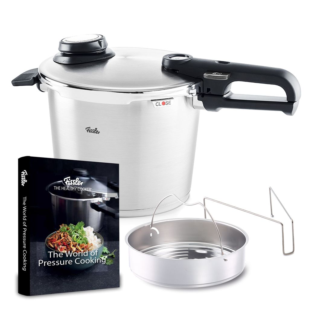 Vitavit Premium Pressure Cooker Bundle, Perforated Steamer Insert with Tripod, Unperforated Insert, The World of Pressure Cooking Hardcover Cookbook
