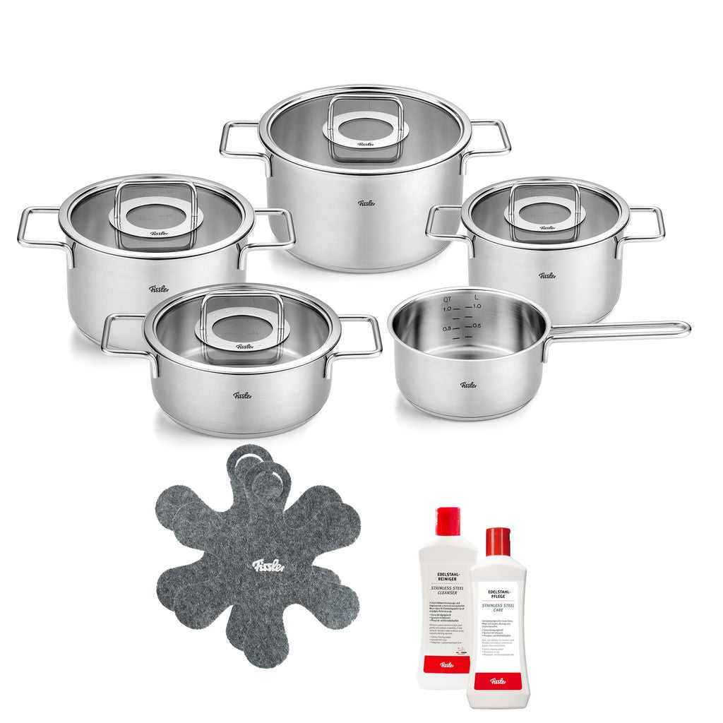 Pure Collection 9 Piece Stainless Steel Cookware Set with Glass Lids & Essential 11" Ceramic Frying Pan Bundle, Stainless Steel Care, Stainless Steel Cleaner and 2 Pan Protectors