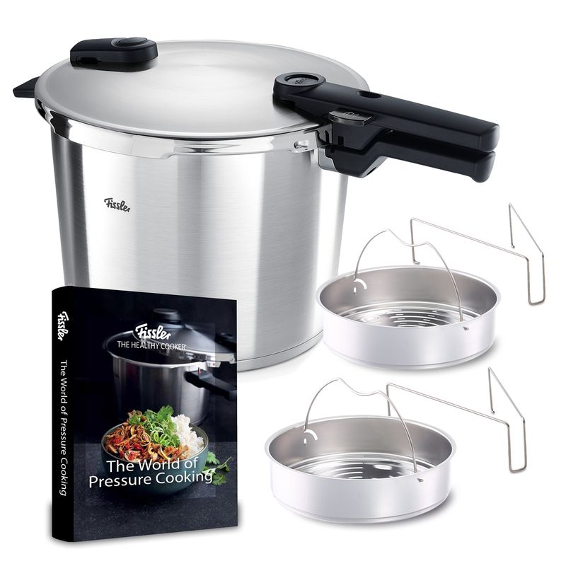 Fissler Vitaquick Premium 10.6 Quart Pressure Cooker Bundle, Perforated Steamer Insert with Tripod, Unperforated Insert, The World of Pressure Cooking Hardcover Cookbook
