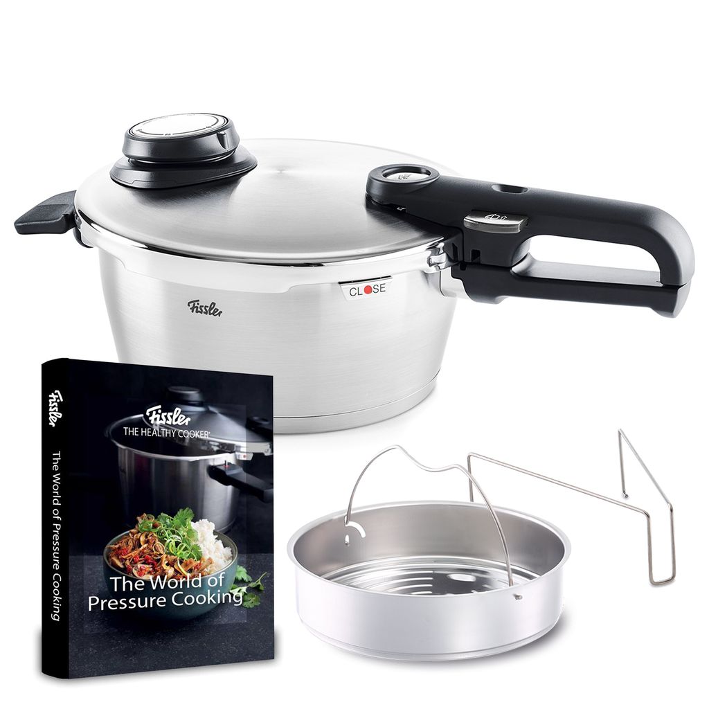 Vitavit Premium Pressure Cooker Bundle, Perforated Steamer Insert with Tripod, Unperforated Insert, The World of Pressure Cooking Hardcover Cookbook