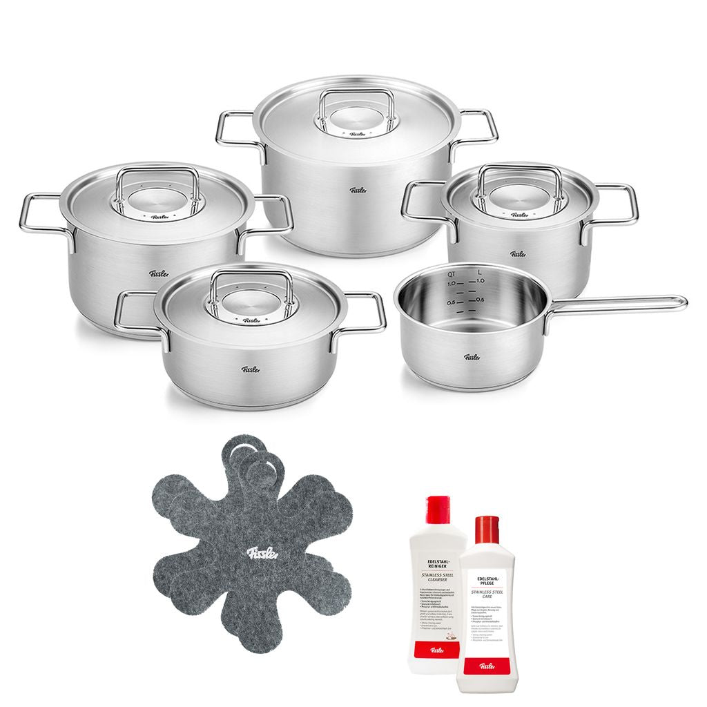 Pure Collection 9 Piece Stainless Steel Cookware Set with Metal Lids & Essential 11" Ceramic Frying Pan Bundle, Stainless Steel Care, Stainless Steel Cleaner and 2 Pan Protectors